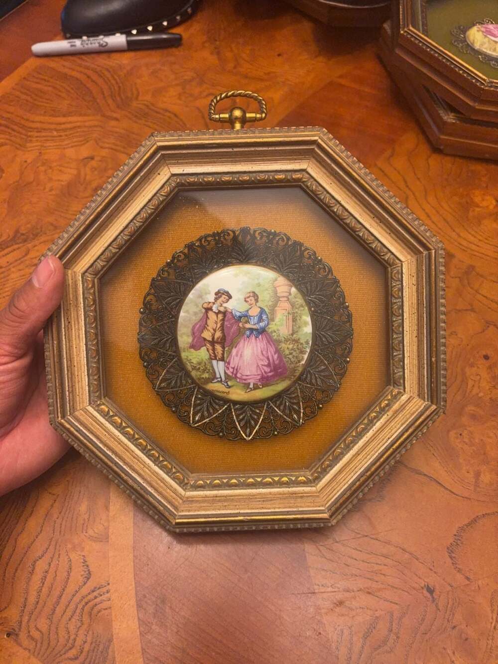 Vintage Fragonard Courting Couple Octagonal Wall Plaque with Ornate Filigree Fra